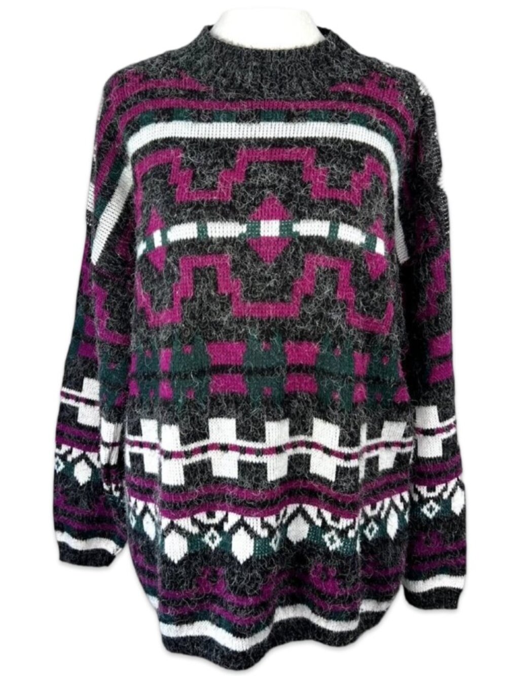 Vintage Gray Knit Sweater 90s Purple Crewneck Medium